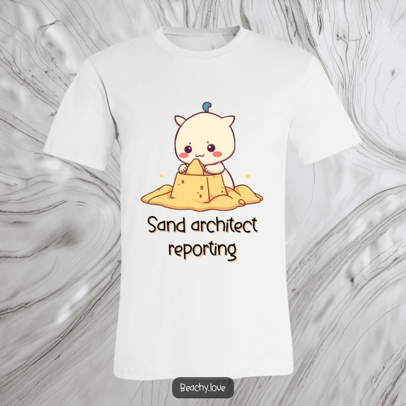 Funny kawaii character focused on building a sandcastle, conveying determination and beach fun on a comfortable t-shirt.