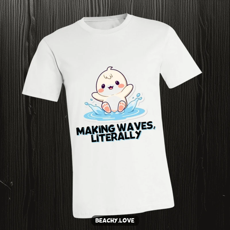 Funny kawaii character joyfully splashing water with bare feet, creating ripples, on a fun t-shirt for beach enthusiasts.