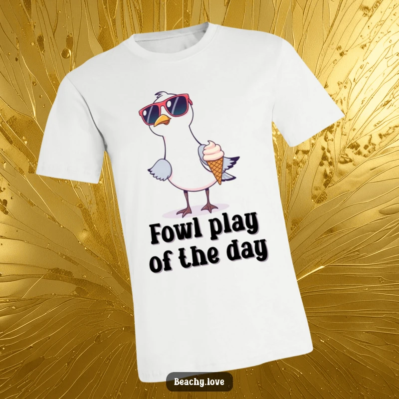 Funny t-shirt featuring a seagull with oversized sunglasses stealing a tiny ice cream cone. Humorous beach and summer design. Hilarious graphic.