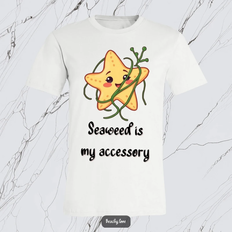 Funny t-shirt featuring a smiling starfish comically tangled in seaweed, perfect for beach and ocean enthusiasts.