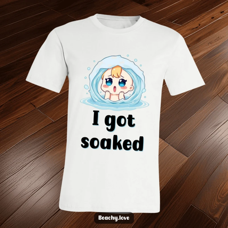 Funny t-shirt featuring a surprised cartoon character playfully splashed by a water wave. Ideal for beach humor lovers.