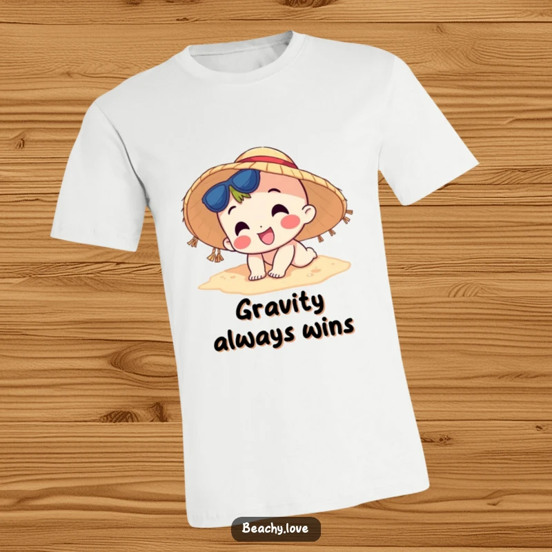 Funny T-shirt depicting a happy character in a sun hat comically tripping over sand, perfect for beach lovers who enjoy a good laugh.