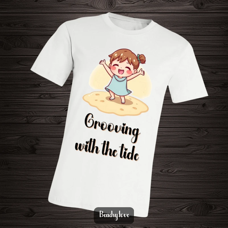 Funny t-shirt depicting a character doing a happy, energetic dance on warm beach sand, radiating pure joy and fun.