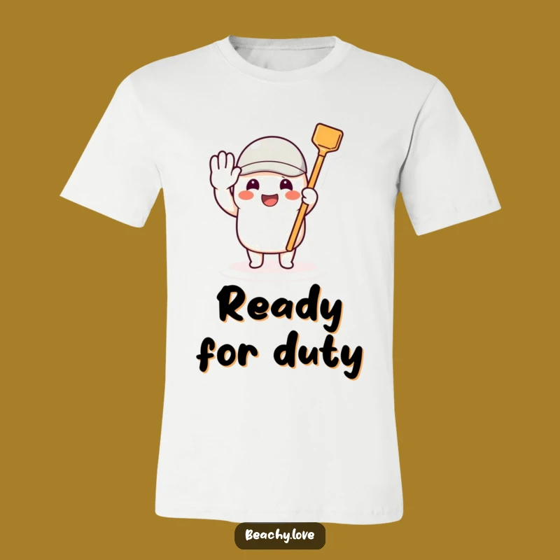 Funny Toy Shovel T-Shirt: Beaming Character Salute Humor Tee