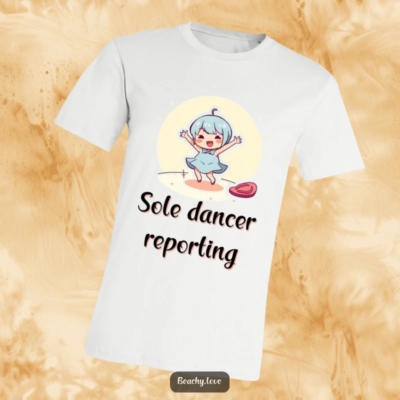 Funny t-shirt featuring a cheerful character dancing joyfully around a flip-flop. Ideal for beach and dance lovers.