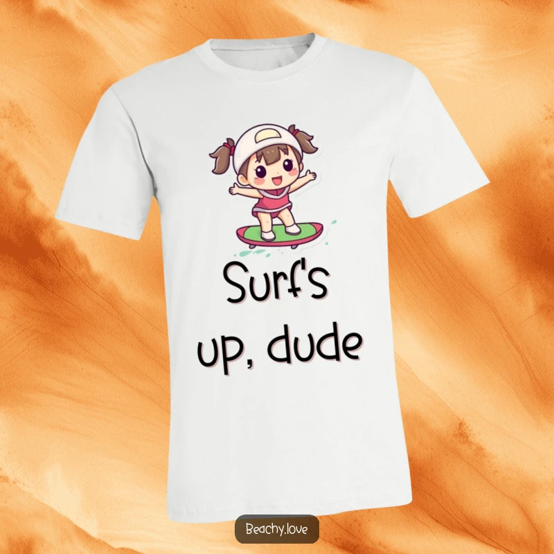 Funny t-shirt showcasing a delighted figure gracefully surfing a small, brightly colored board, capturing the thrill of the waves.