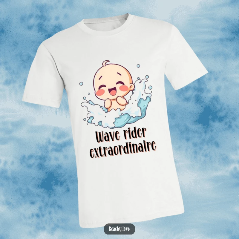 Funny t-shirt with a kawaii character joyfully giggling amidst splashing ocean waves, bright and energetic beach scene.