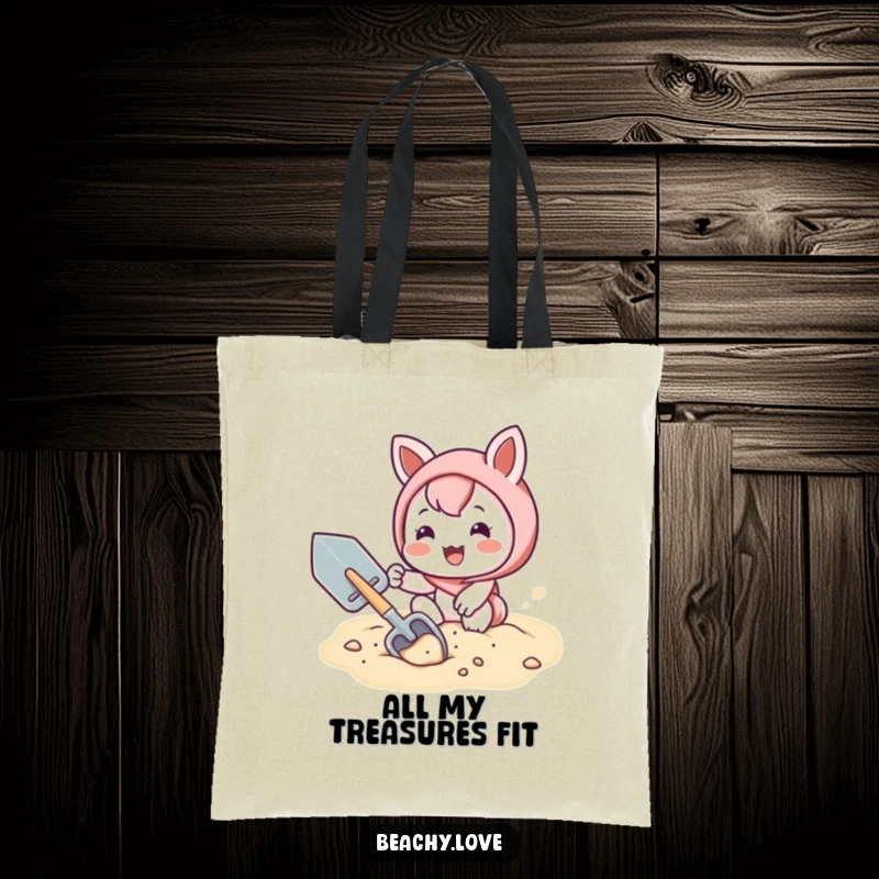 Funny tote bag featuring a happy kawaii character digging with a shovel in the sand, perfect for beach lovers.