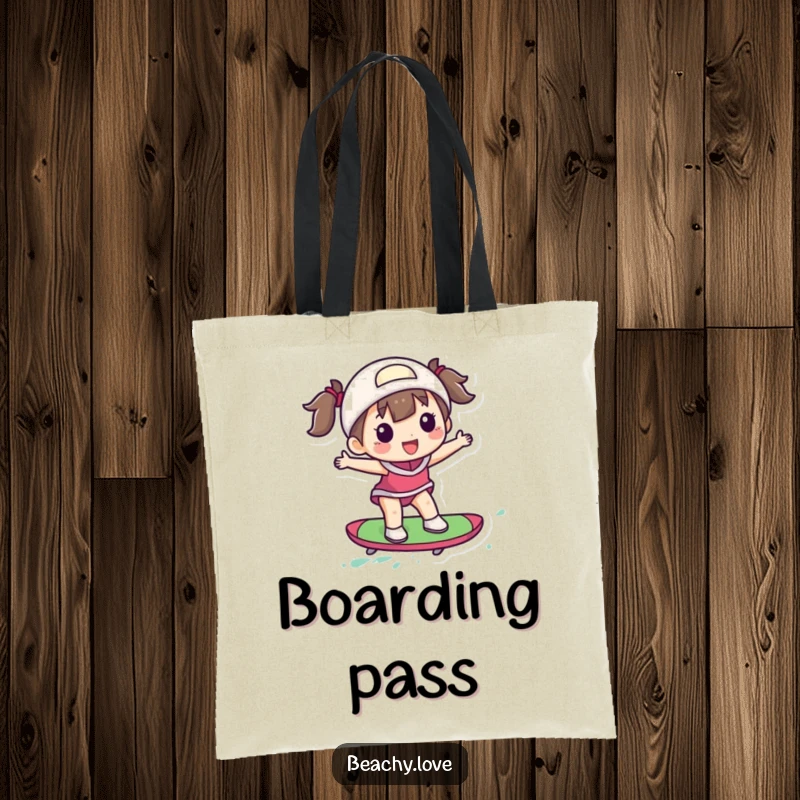 Funny tote bag illustrating a delighted figure surfing a vibrant, small, colorful board, perfect for beach trips.