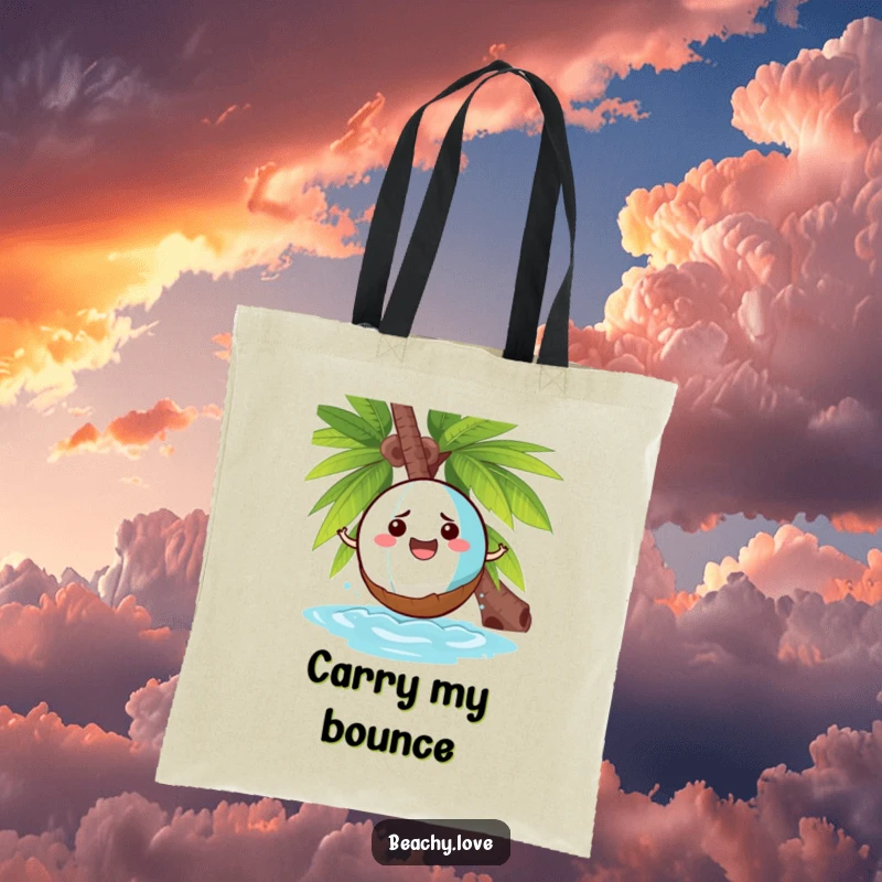 Funny tote bag featuring a cheerful beach ball comically bouncing off a grumpy coconut, perfect for beach or market use.