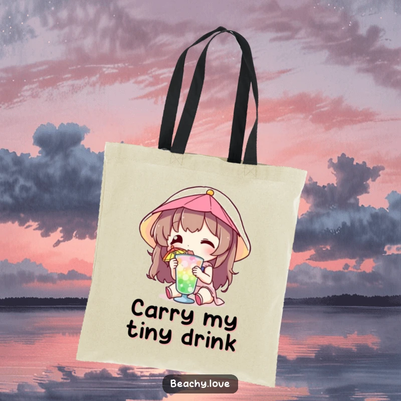 Funny tote bag showing a character sipping a tiny drink with a colorful umbrella, ideal for carrying funny, tropical essentials.