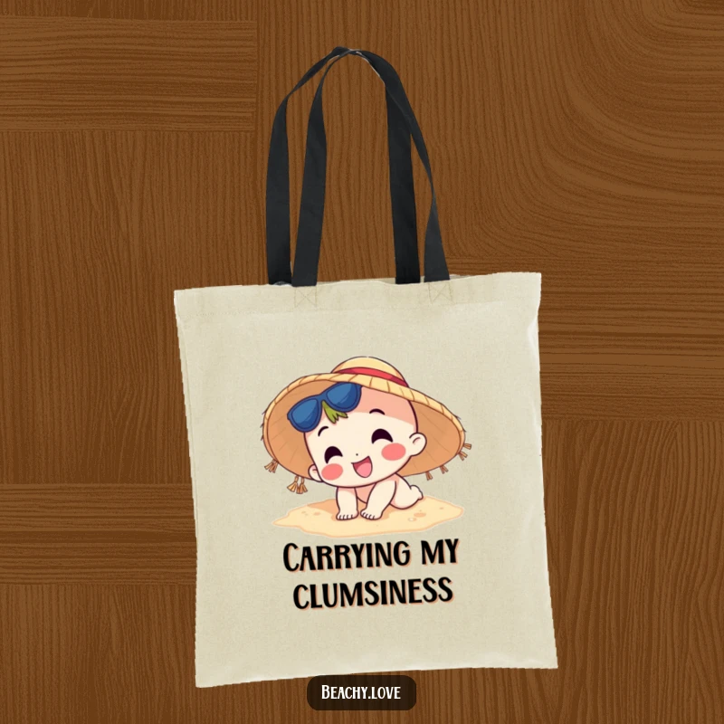 Funny tote bag featuring a happy character in a sun hat comically tripping on the beach sand, ideal for carrying beach gear.