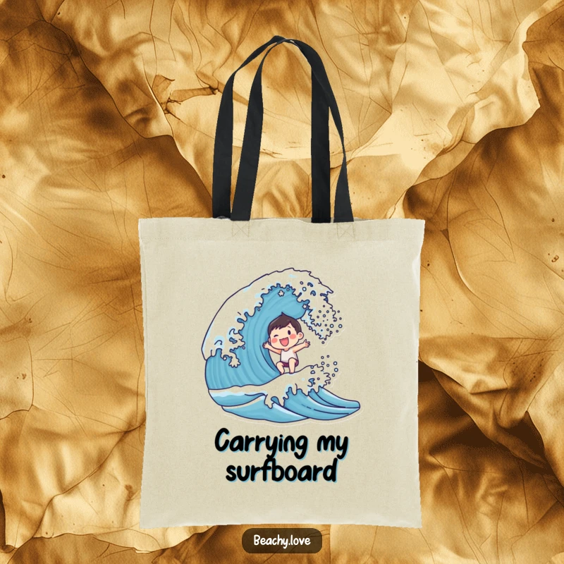 Funny tote bag showing a small, smiling character joyfully surfing a breaking wave, perfect for beachgoers and surf fans.