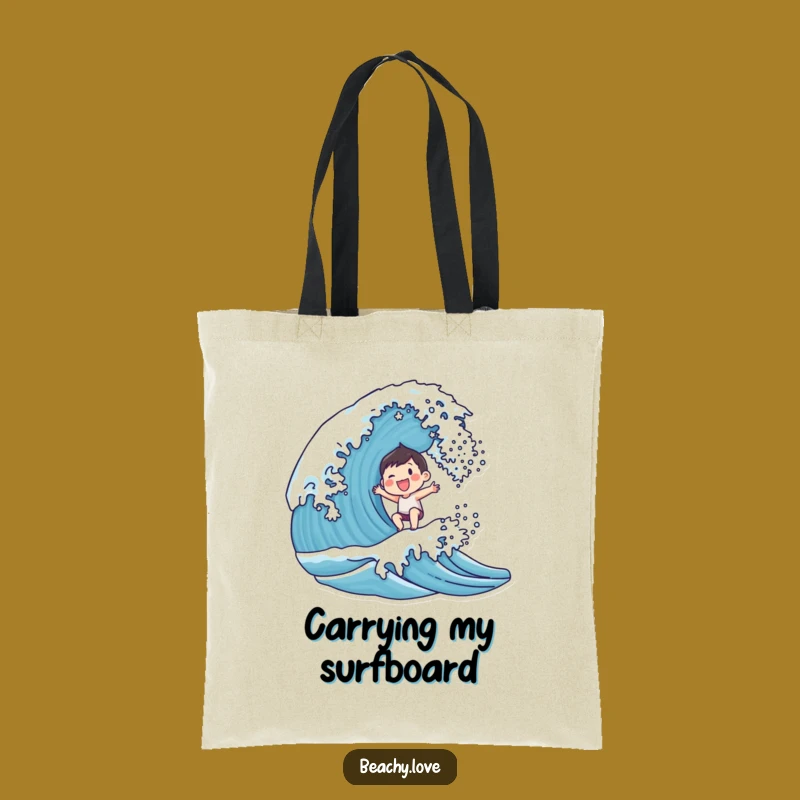 Funny Joyful Wave Rider Tote Bag - Smiling Character Surfing Carry-all