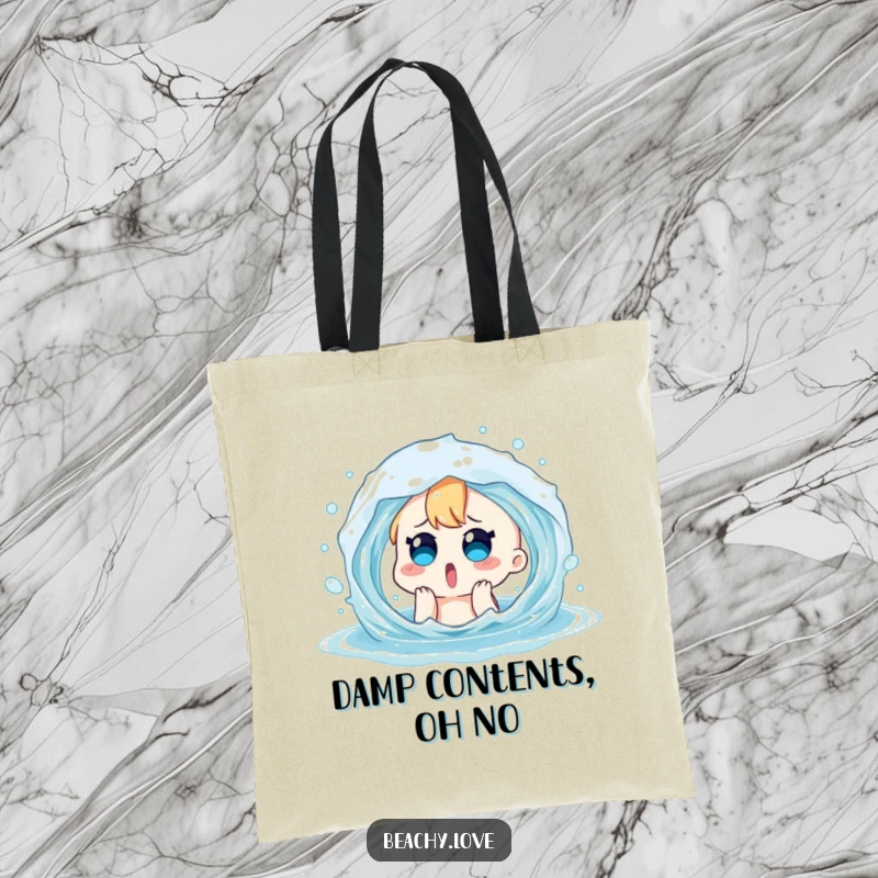 Funny tote bag featuring a surprised cartoon character playfully splashed by a water wave. Ideal for beach and shopping humor.