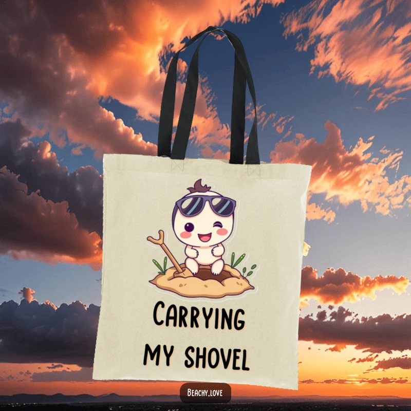 Funny tote bag featuring a smiling character wearing sunglasses, enthusiastically digging a hole, ideal for carrying items with flair.