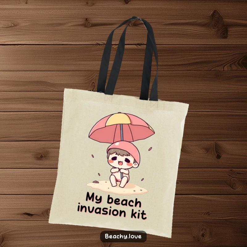 Funny tote bag featuring a kawaii character in a comical battle with a beach umbrella, ideal for beach essentials and humor.
