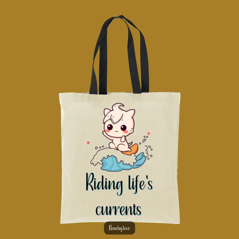 Funny Kawaii Surfer Tote: Happy Wave Rider Character Bag for Beach Fun