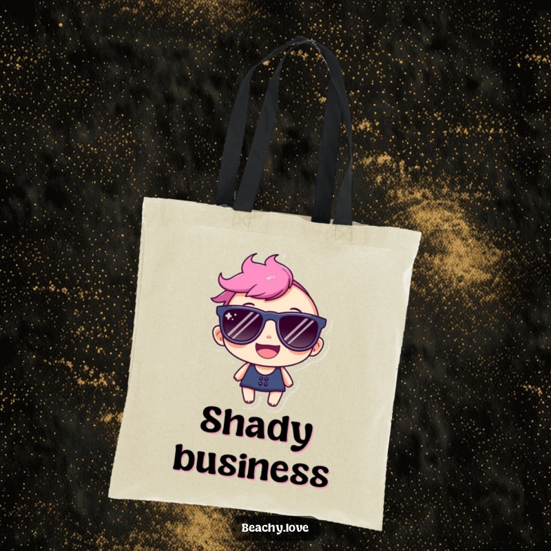 Funny tote bag with a happy character confidently sporting oversized sunglasses and a radiant smile, ready for anything.