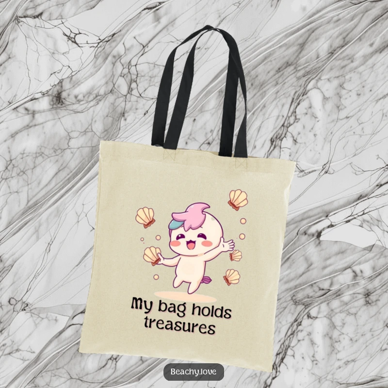 Funny tote bag with a delighted kawaii character juggling seashells, perfect for beachcombers and collectors.