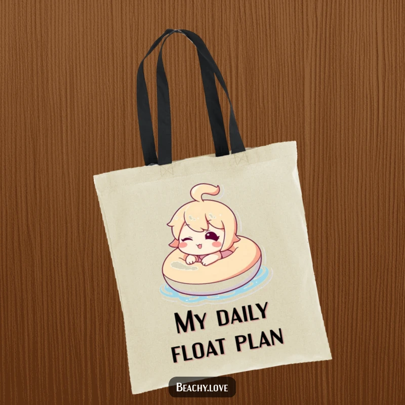 Funny tote bag with a kawaii character winking from an inflatable, perfect for carrying summer essentials with a humorous touch.