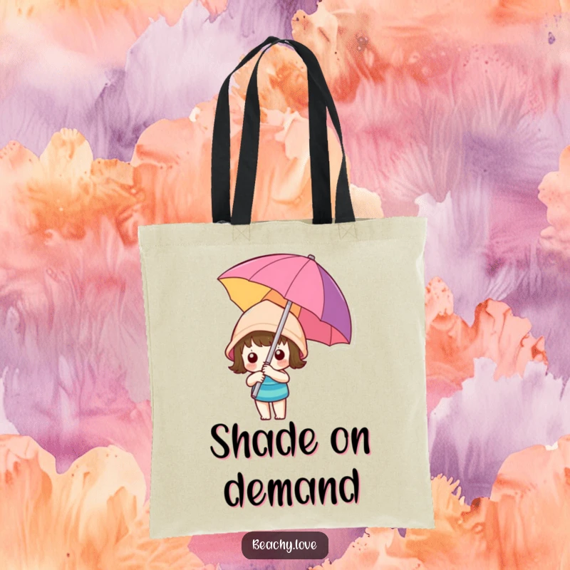 Funny kawaii character holding a colorful beach umbrella on a durable tote bag, perfect for market trips and sunny day accessories.