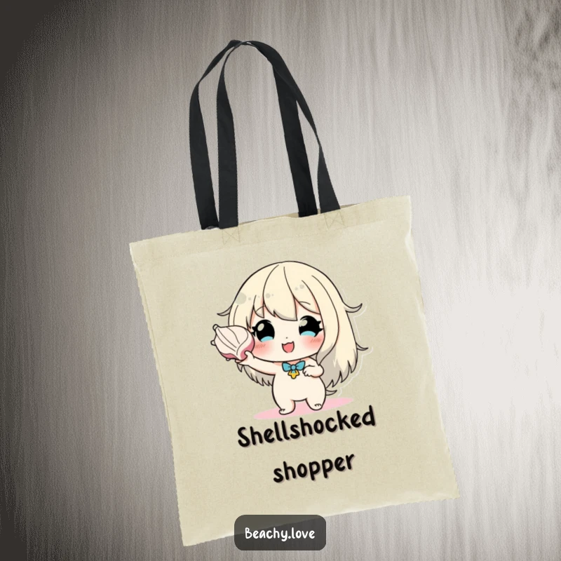 Funny tote bag showing a hopeful character holding a seashell to their ear, ideal for carrying daily items with a touch of oceanic inspiration.