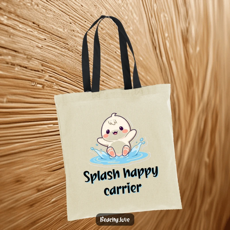 Funny kawaii character playfully splashing water with their feet on a durable tote bag, perfect for beach outings and carrying essentials.