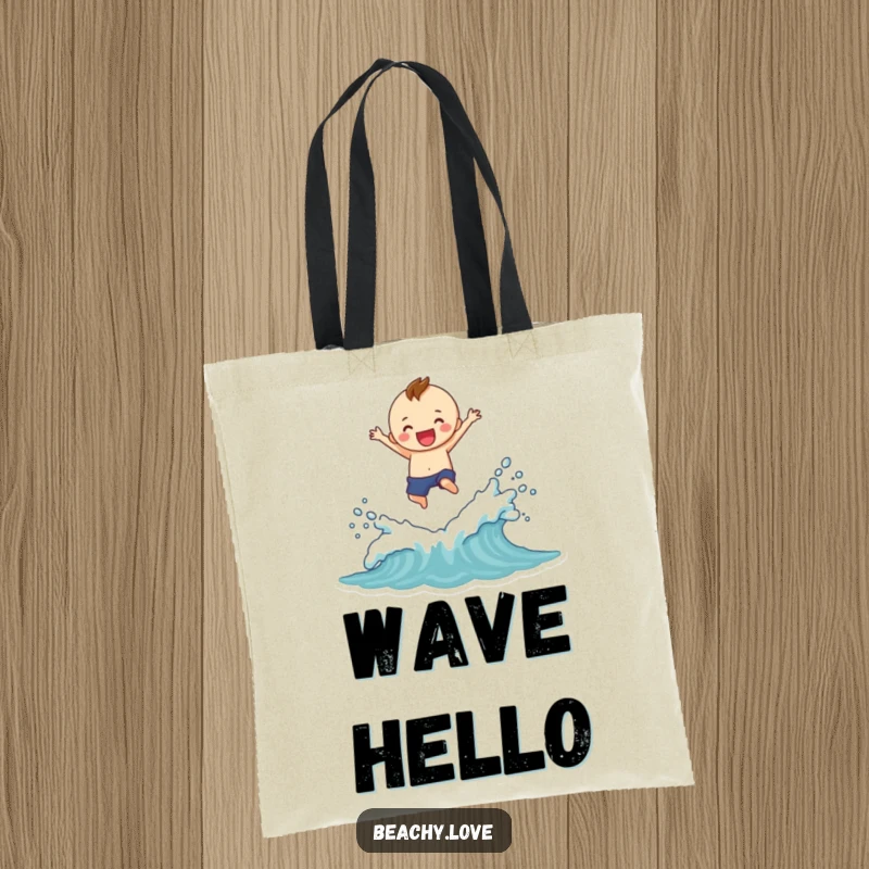 Funny tote bag showcasing a cheerful figure executing a grand leap over small waves, creating an impressive, memorable splash.